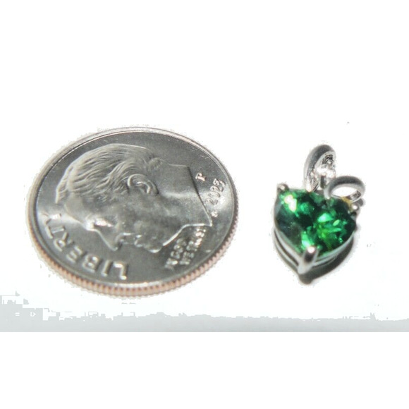 7mm  Emerald Green Heart Pendant w CZ Accent Prong-Set 925 Sterling Silver - Picture 2 of 7